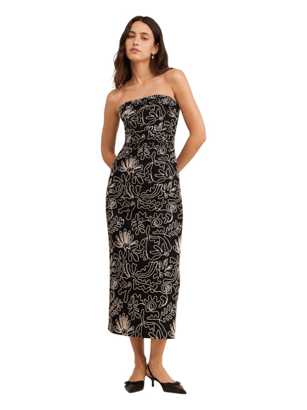 Loft Strapless Black White Midi Dress Embellished Soutache Embroidery Size 0 NWT - Picture 4 of 11
